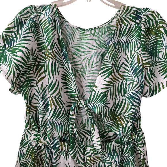 Loft Medium Green White Palm Linen-blend Tie-back Romper Pockets Tropical - Picture 15 of 15